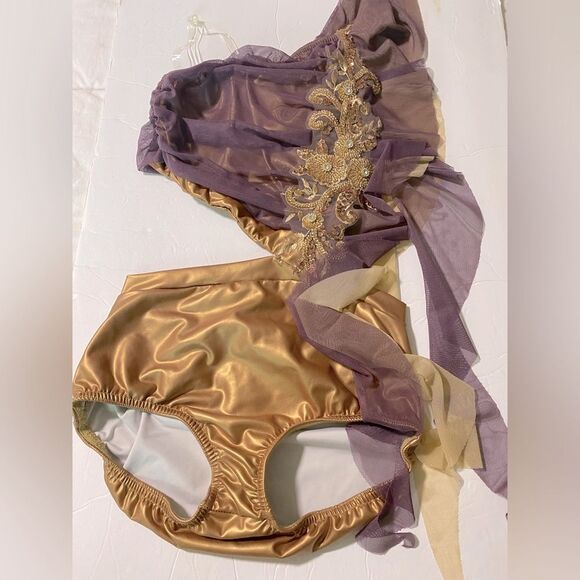 Kelle custom solo 2 piece look leotard Dance Costume purple gold faux leather SA - Picture 3 of 10